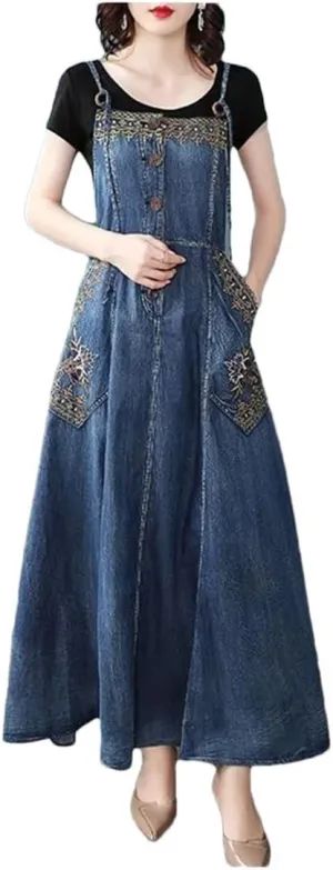 Women Denim Suspender Long Retro Embroidered Sleeveless Korean Spaghetti Strap Dresses