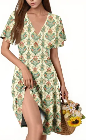Women Dresses Short Sleeve A-Line Dresses Elegant V-Neck Vintage Sundress Floral Casual 2025 Summer Midi Dress
