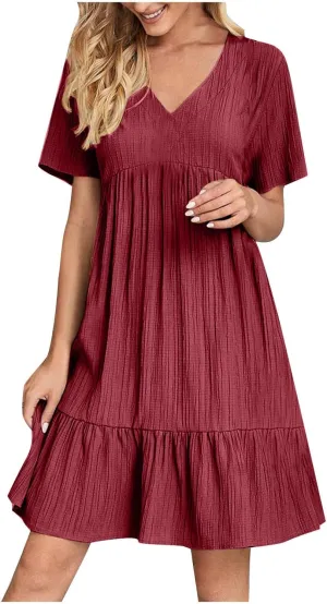 Women Fashion Summer V-Neck Dresses Casual Lightweight Solid Color Short Sleeve Formal Party Swing Pleated Home Dress