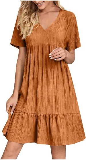 Women Fashion Summer V-Neck Dresses Casual Lightweight Solid Color Short Sleeve Formal Party Swing Pleated Home Dress