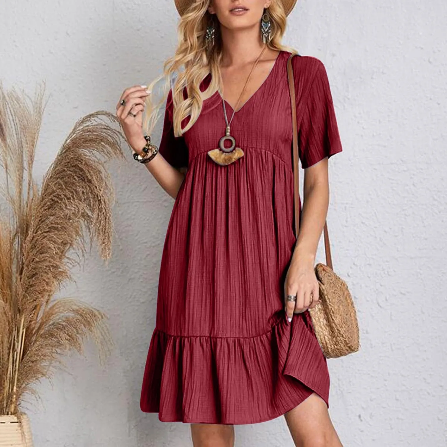 Women Fashion Summer V-Neck Dresses Casual Lightweight Solid Color Short Sleeve Formal Party Swing Pleated Home Dress