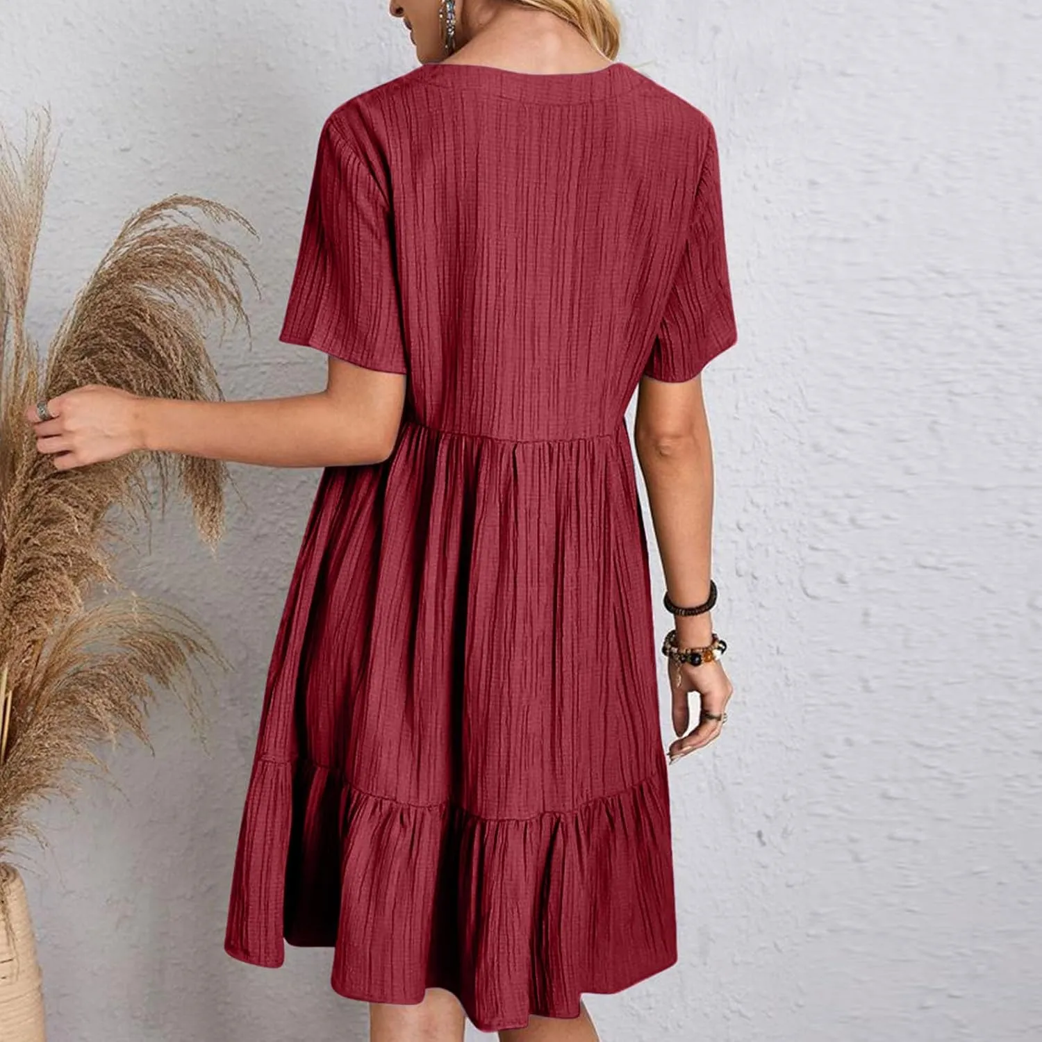 Women Fashion Summer V-Neck Dresses Casual Lightweight Solid Color Short Sleeve Formal Party Swing Pleated Home Dress