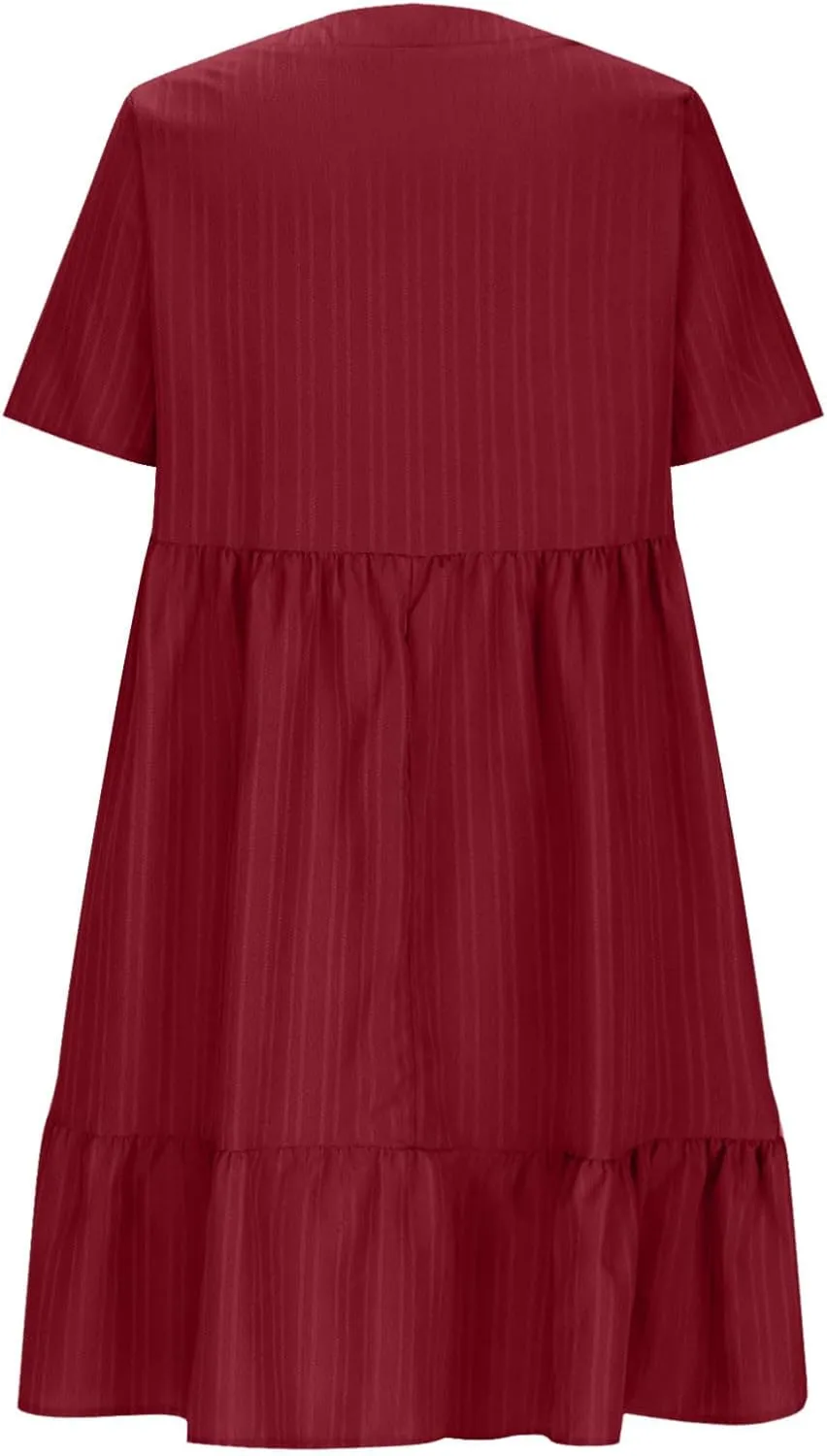 Women Fashion Summer V-Neck Dresses Casual Lightweight Solid Color Short Sleeve Formal Party Swing Pleated Home Dress