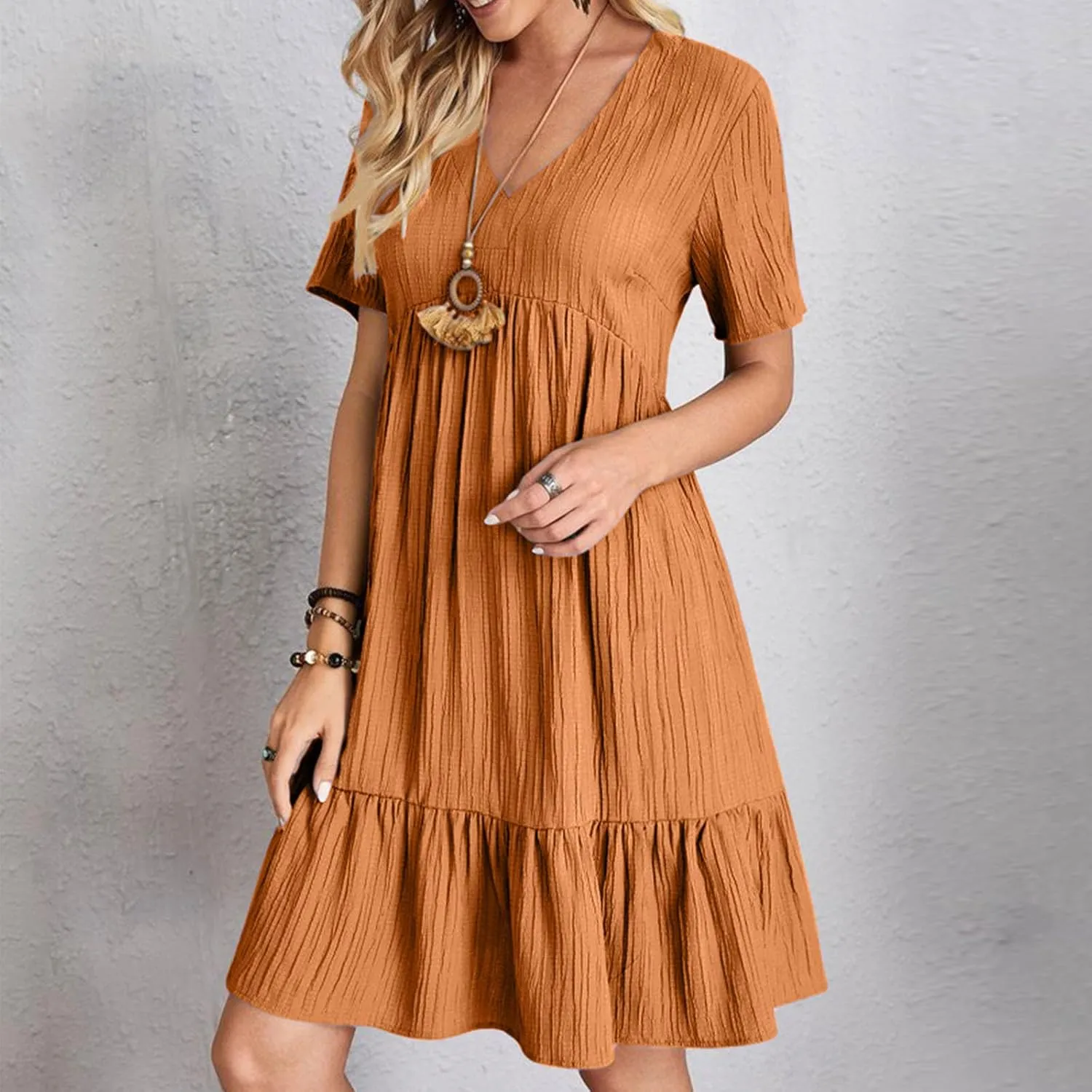 Women Fashion Summer V-Neck Dresses Casual Lightweight Solid Color Short Sleeve Formal Party Swing Pleated Home Dress