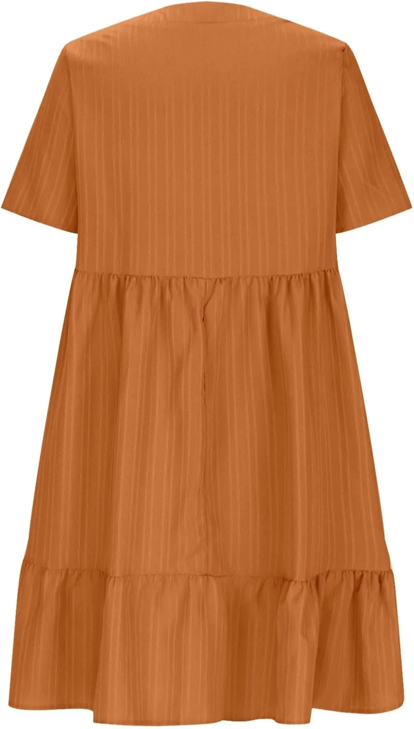 Women Fashion Summer V-Neck Dresses Casual Lightweight Solid Color Short Sleeve Formal Party Swing Pleated Home Dress