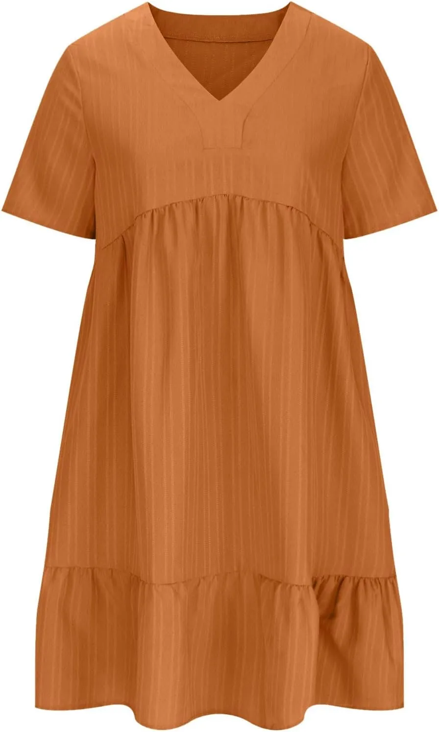 Women Fashion Summer V-Neck Dresses Casual Lightweight Solid Color Short Sleeve Formal Party Swing Pleated Home Dress