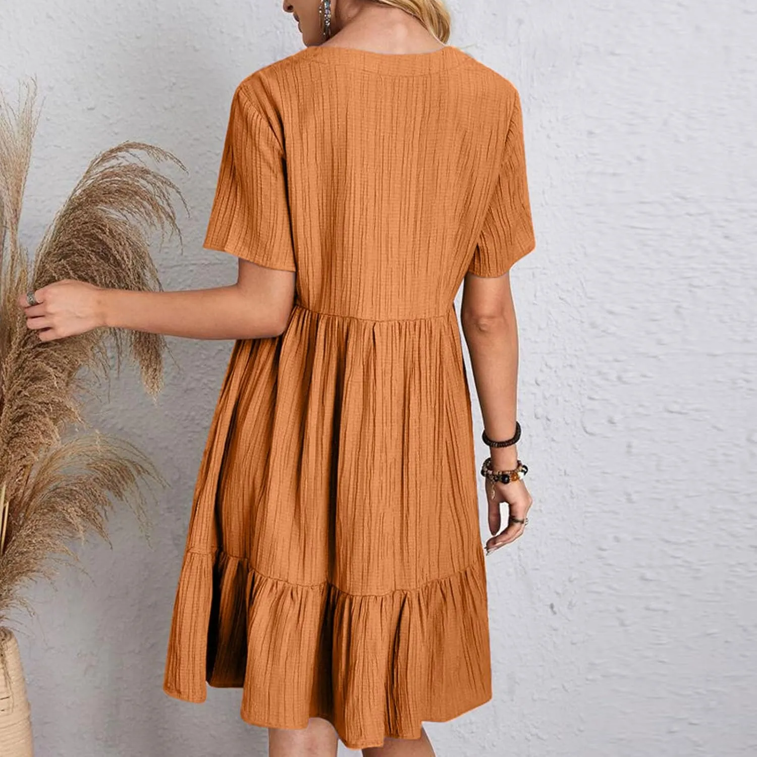 Women Fashion Summer V-Neck Dresses Casual Lightweight Solid Color Short Sleeve Formal Party Swing Pleated Home Dress