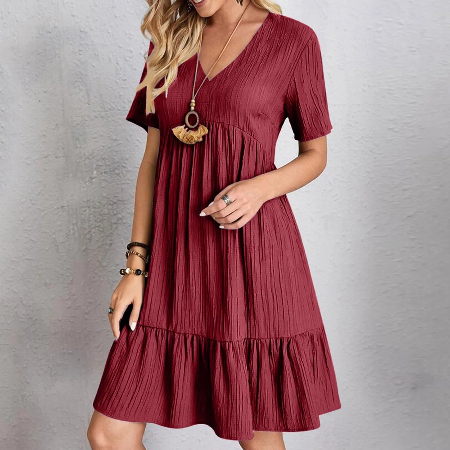 Women Fashion Summer V-Neck Dresses Casual Lightweight Solid Color Short Sleeve Formal Party Swing Pleated Home Dress
