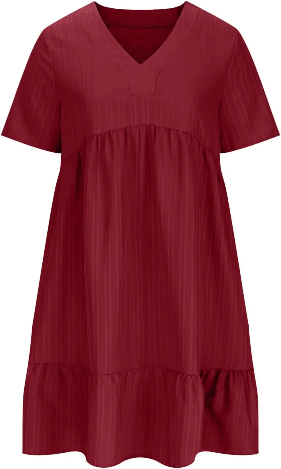 Women Fashion Summer V-Neck Dresses Casual Lightweight Solid Color Short Sleeve Formal Party Swing Pleated Home Dress