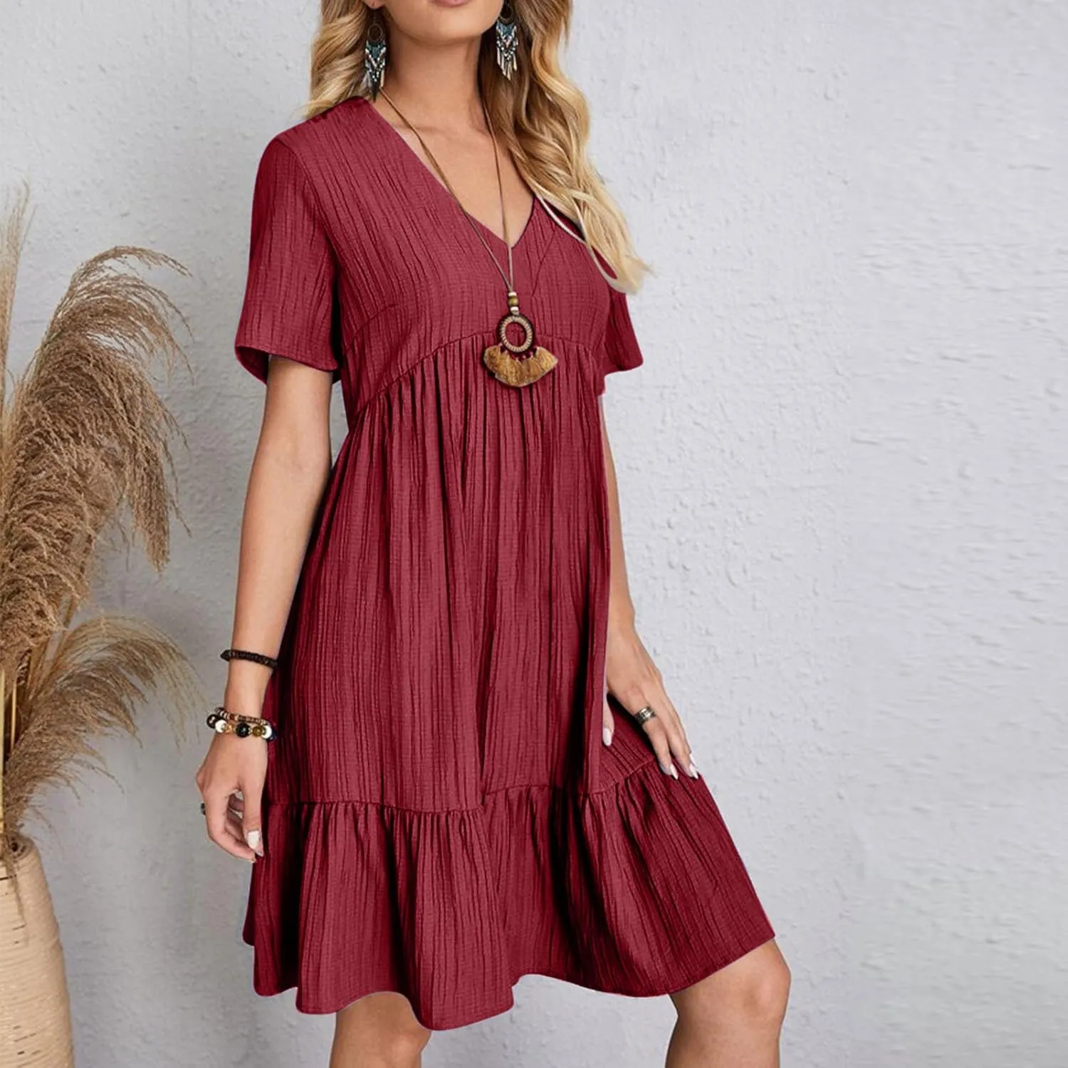 Women Fashion Summer V-Neck Dresses Casual Lightweight Solid Color Short Sleeve Formal Party Swing Pleated Home Dress