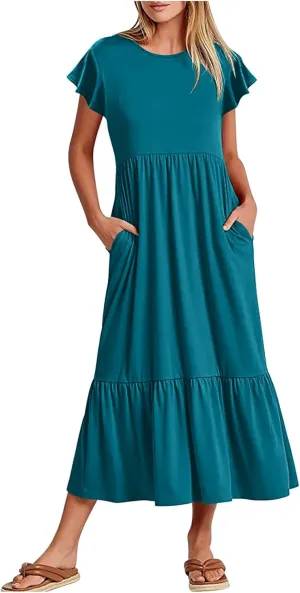 Women Fashion Tiered Dress Trendy 2025 Solid Color Swing Pleated Home Dress Casual Loose Fit Flowy Dresses
