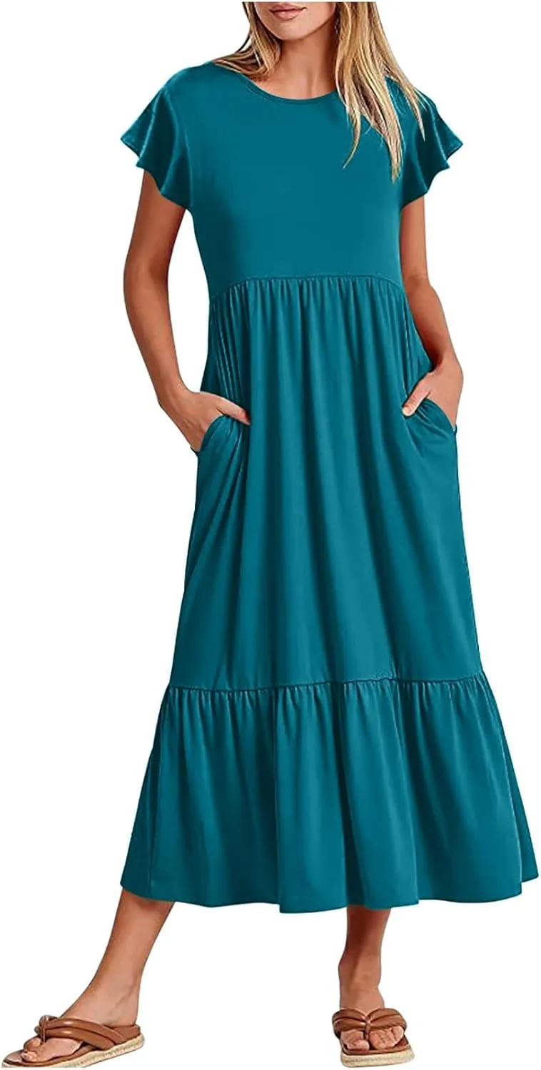 Women Fashion Tiered Dress Trendy 2025 Solid Color Swing Pleated Home Dress Casual Loose Fit Flowy Dresses