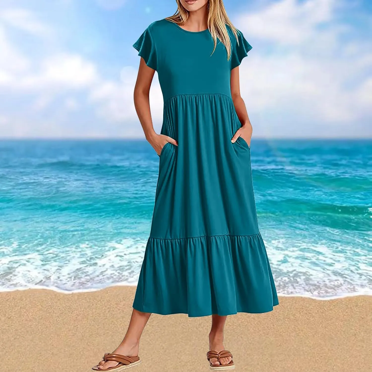 Women Fashion Tiered Dress Trendy 2025 Solid Color Swing Pleated Home Dress Casual Loose Fit Flowy Dresses