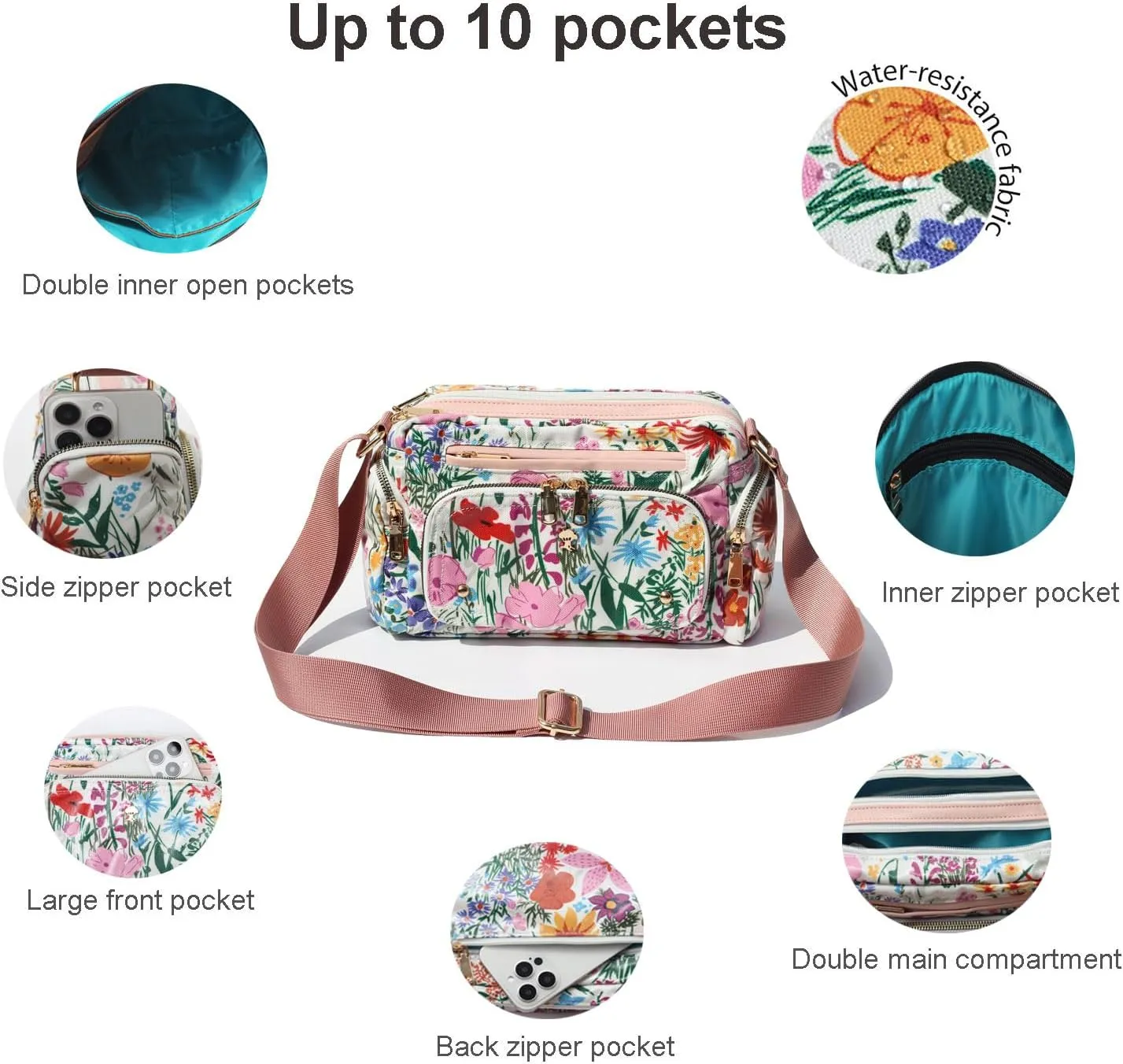 Women Fashion Tote Crossbody Handbags for Women Multi Pockets Shoulder Bag Nylon Travel Purse