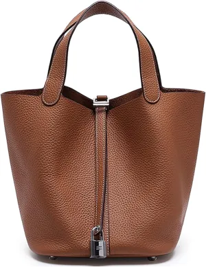 Women Genuine Leather Soft Bucket Bag Fashion Lock Design Handbags Purses Vegetable Basket Satchel with Top Handle Bag