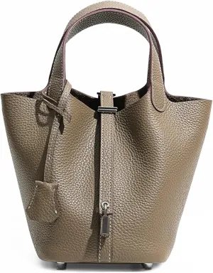 Women Genuine Leather Soft Bucket Bag Fashion Lock Design Handbags Purses Vegetable Basket Satchel with Top Handle Bag