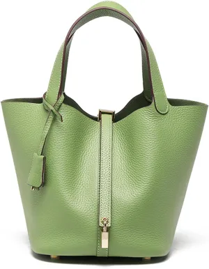 Women Genuine Leather Soft Bucket Bag Fashion Lock Design Handbags Purses Vegetable Basket Satchel with Top Handle Bag