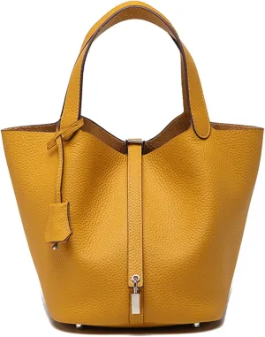Women Genuine Leather Soft Bucket Bag Fashion Lock Design Handbags Purses Vegetable Basket Satchel with Top Handle Bag