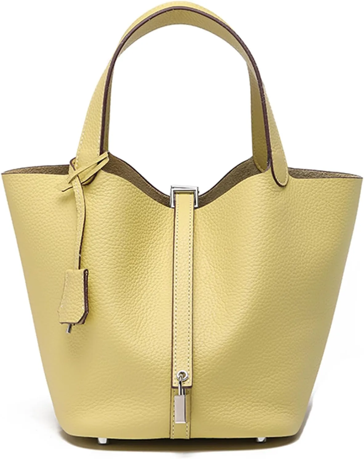 Women Genuine Leather Soft Bucket Bag Fashion Lock Design Handbags Purses Vegetable Basket Satchel with Top Handle Bag