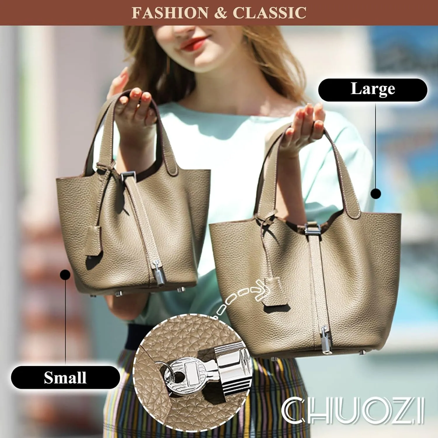 Women Genuine Leather Soft Bucket Bag Fashion Lock Design Handbags Purses Vegetable Basket Satchel with Top Handle Bag