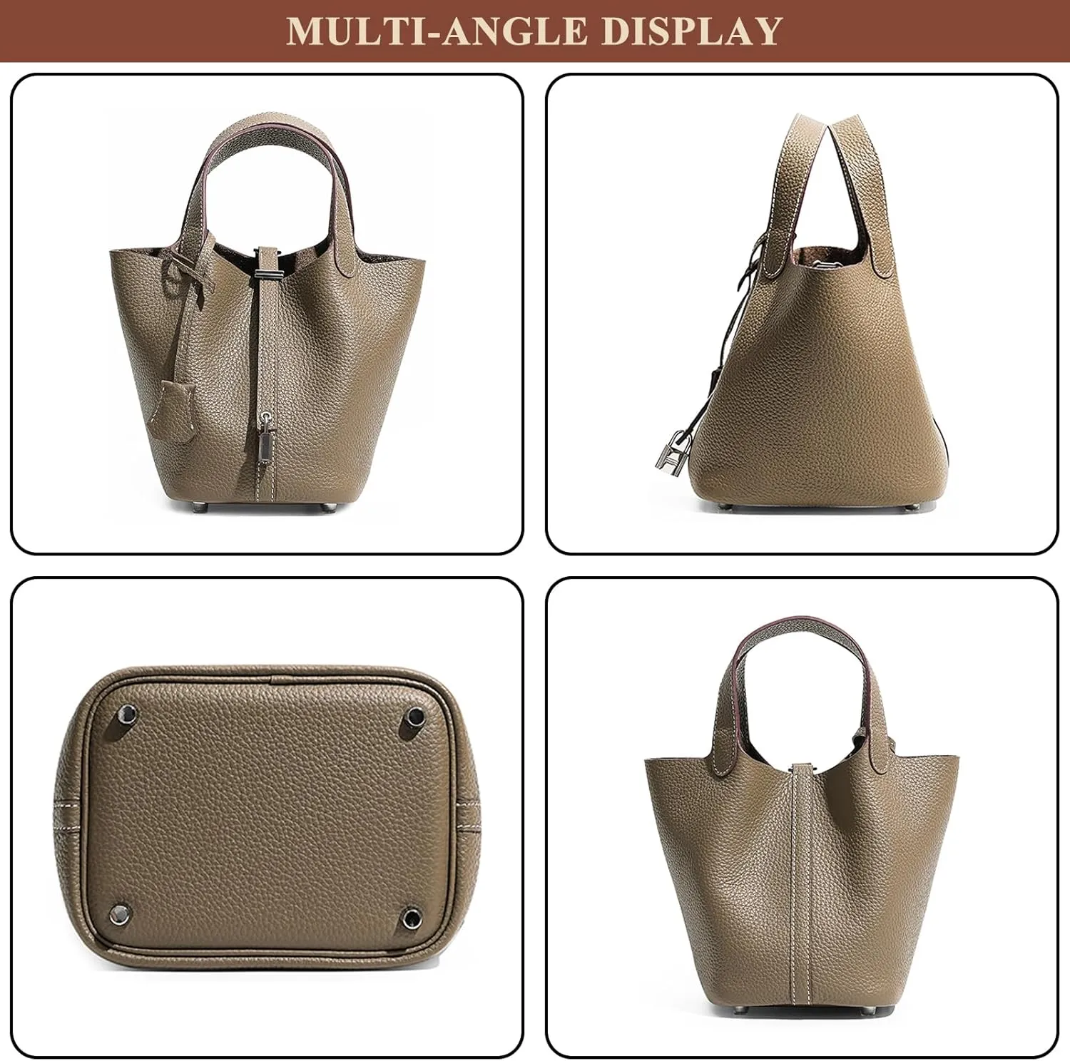 Women Genuine Leather Soft Bucket Bag Fashion Lock Design Handbags Purses Vegetable Basket Satchel with Top Handle Bag