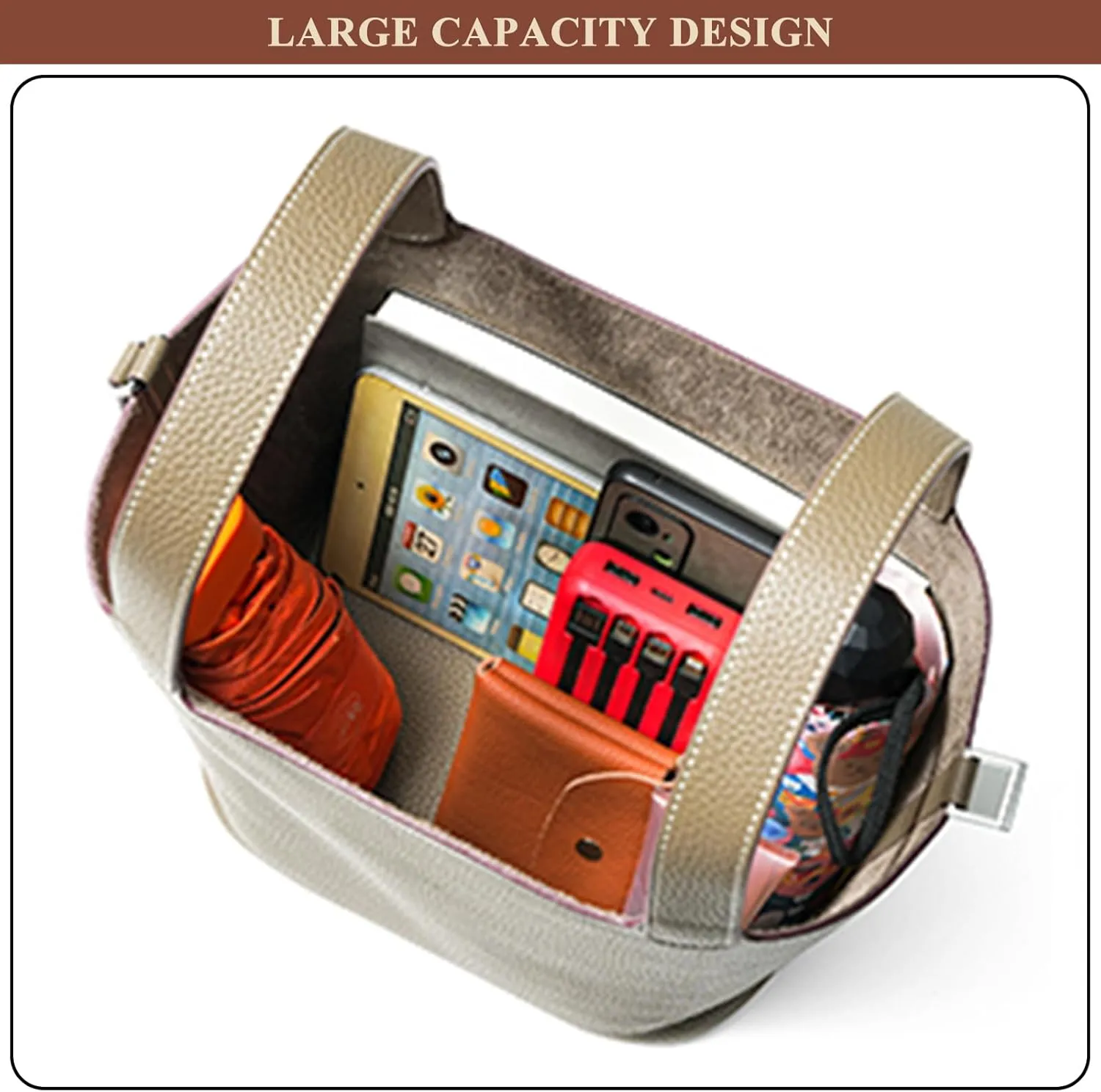 Women Genuine Leather Soft Bucket Bag Fashion Lock Design Handbags Purses Vegetable Basket Satchel with Top Handle Bag