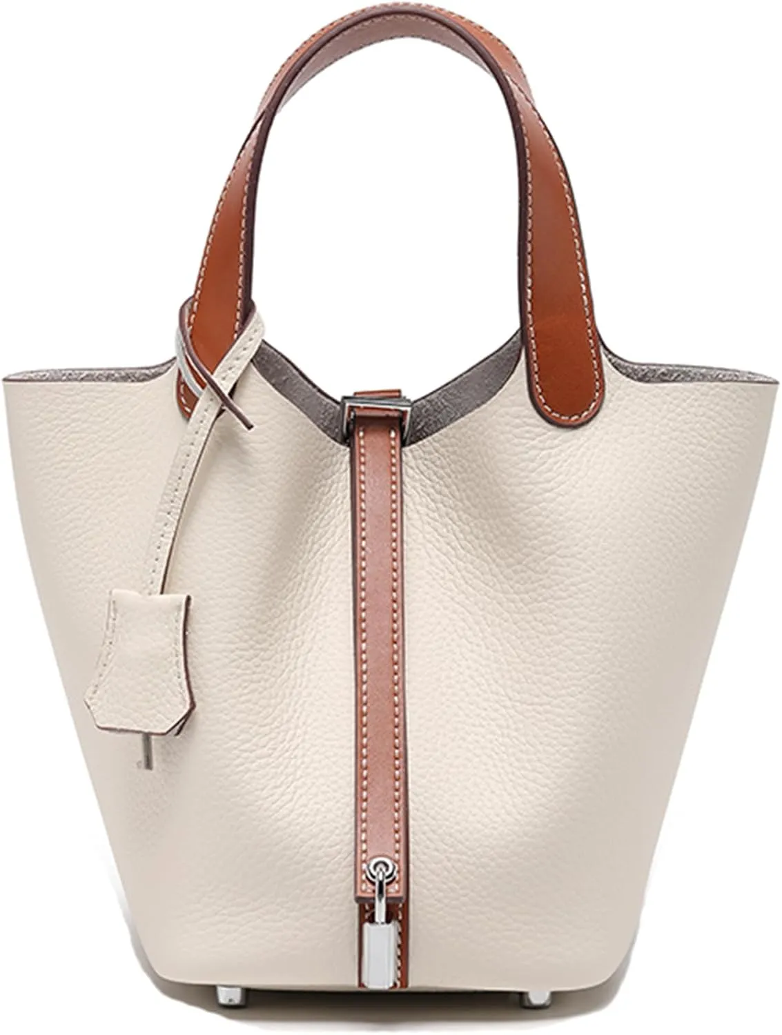 Women Genuine Leather Soft Bucket Bag Fashion Lock Design Handbags Purses Vegetable Basket Satchel with Top Handle Bag