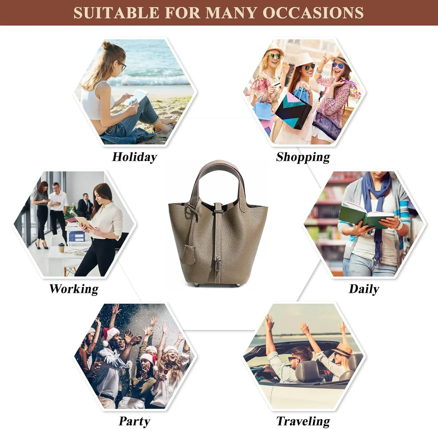 Women Genuine Leather Soft Bucket Bag Fashion Lock Design Handbags Purses Vegetable Basket Satchel with Top Handle Bag
