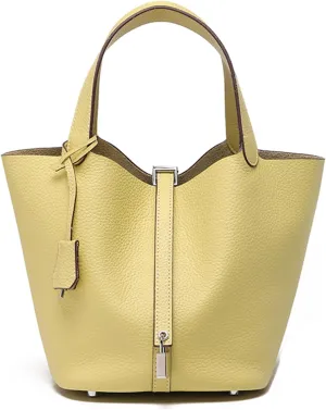 Women Genuine Leather Soft Bucket Bag Fashion Lock Design Handbags Purses Vegetable Basket Satchel with Top Handle Bag