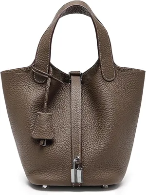 Women Genuine Leather Soft Bucket Bag Fashion Lock Design Handbags Purses Vegetable Basket Satchel with Top Handle Bag
