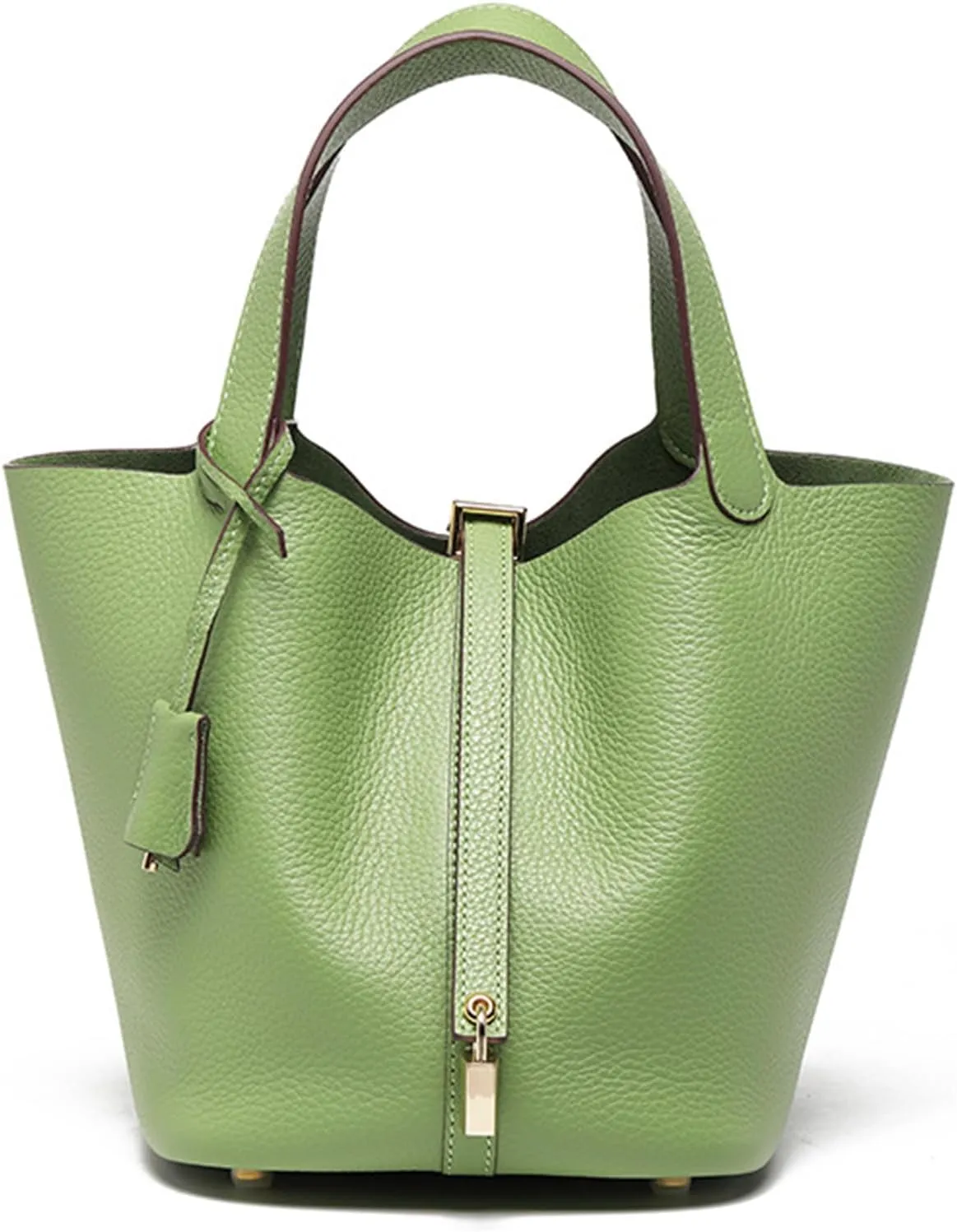 Women Genuine Leather Soft Bucket Bag Fashion Lock Design Handbags Purses Vegetable Basket Satchel with Top Handle Bag