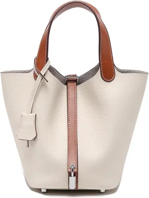 Women Genuine Leather Soft Bucket Bag Fashion Lock Design Handbags Purses Vegetable Basket Satchel with Top Handle Bag