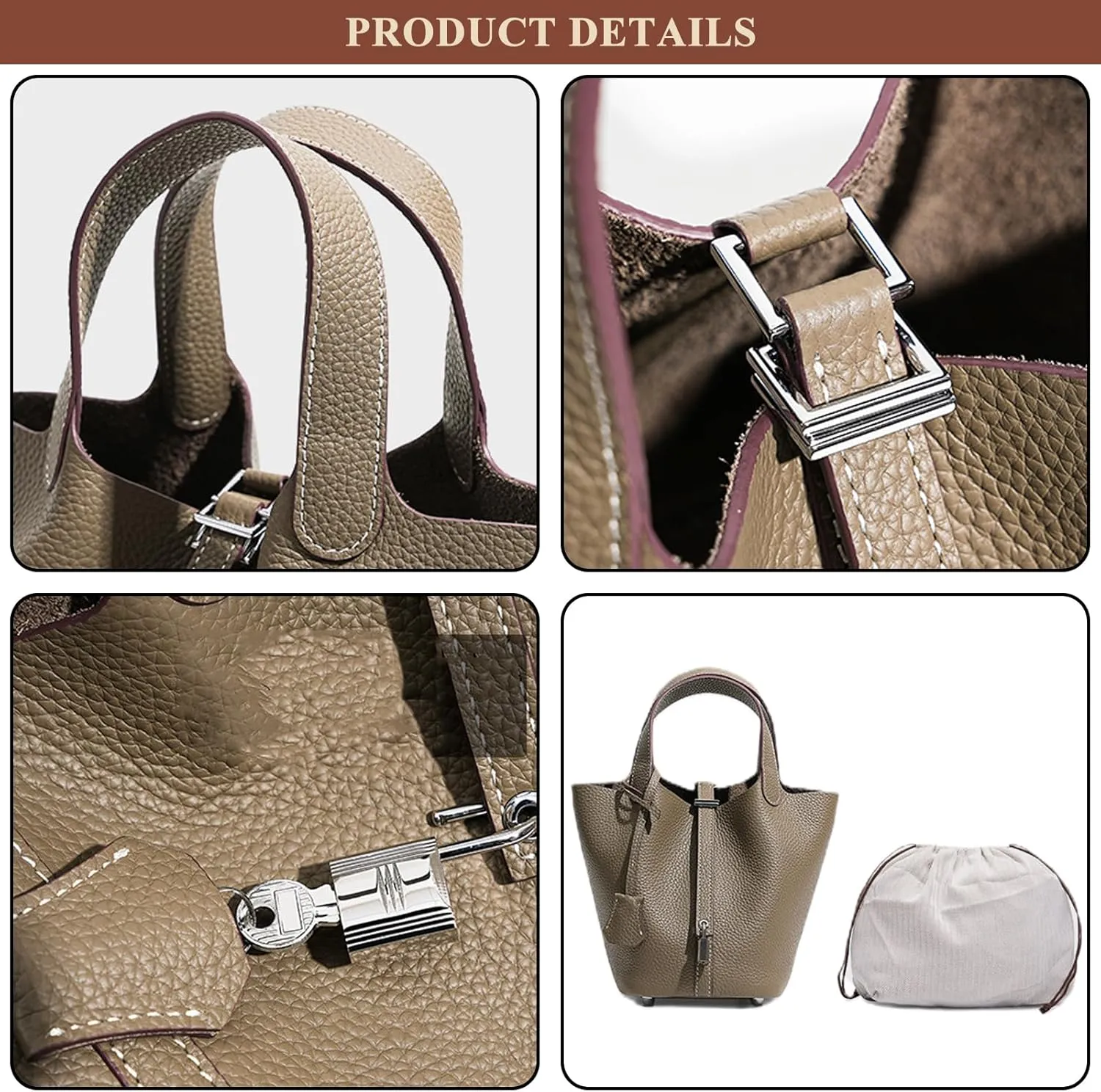 Women Genuine Leather Soft Bucket Bag Fashion Lock Design Handbags Purses Vegetable Basket Satchel with Top Handle Bag