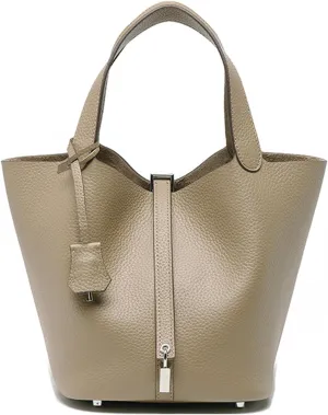 Women Genuine Leather Soft Bucket Bag Fashion Lock Design Handbags Purses Vegetable Basket Satchel with Top Handle Bag