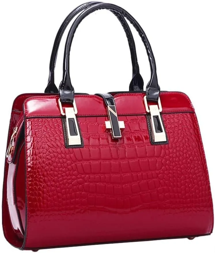 Women Handbag Leather Top Handle Handbag Crocodile Print Ladies Bright Large Capacity Bag with Adjustable Long Strap