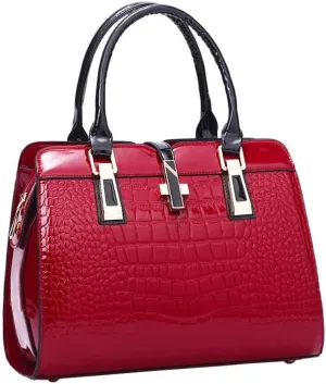 Women Handbag Leather Top Handle Handbag Crocodile Print Ladies Bright Large Capacity Bag with Adjustable Long Strap