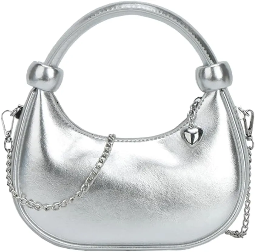 Women Knotted Top Handle Bag with Chain Glossy Handbags for Women 2025 Trending Crossbody Bag Crescent Purse Shoulder Clutch