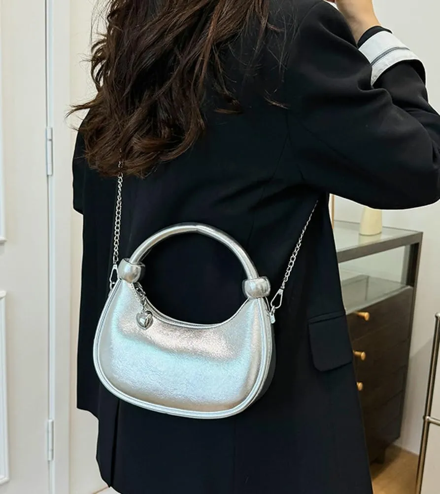 Women Knotted Top Handle Bag with Chain Glossy Handbags for Women 2025 Trending Crossbody Bag Crescent Purse Shoulder Clutch