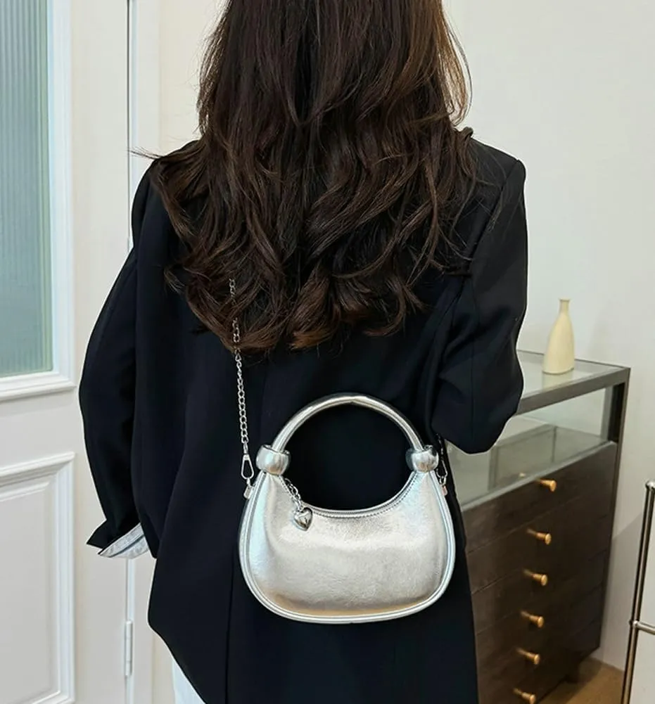Women Knotted Top Handle Bag with Chain Glossy Handbags for Women 2025 Trending Crossbody Bag Crescent Purse Shoulder Clutch