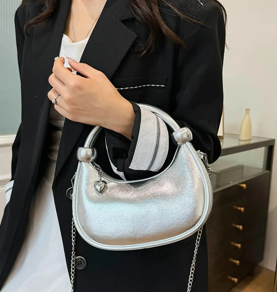 Women Knotted Top Handle Bag with Chain Glossy Handbags for Women 2025 Trending Crossbody Bag Crescent Purse Shoulder Clutch