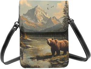 Women Leather Small Crossbody Bag Cell Phone Bag Wallet Purse Handbag, Bear Lodge Western Vintage