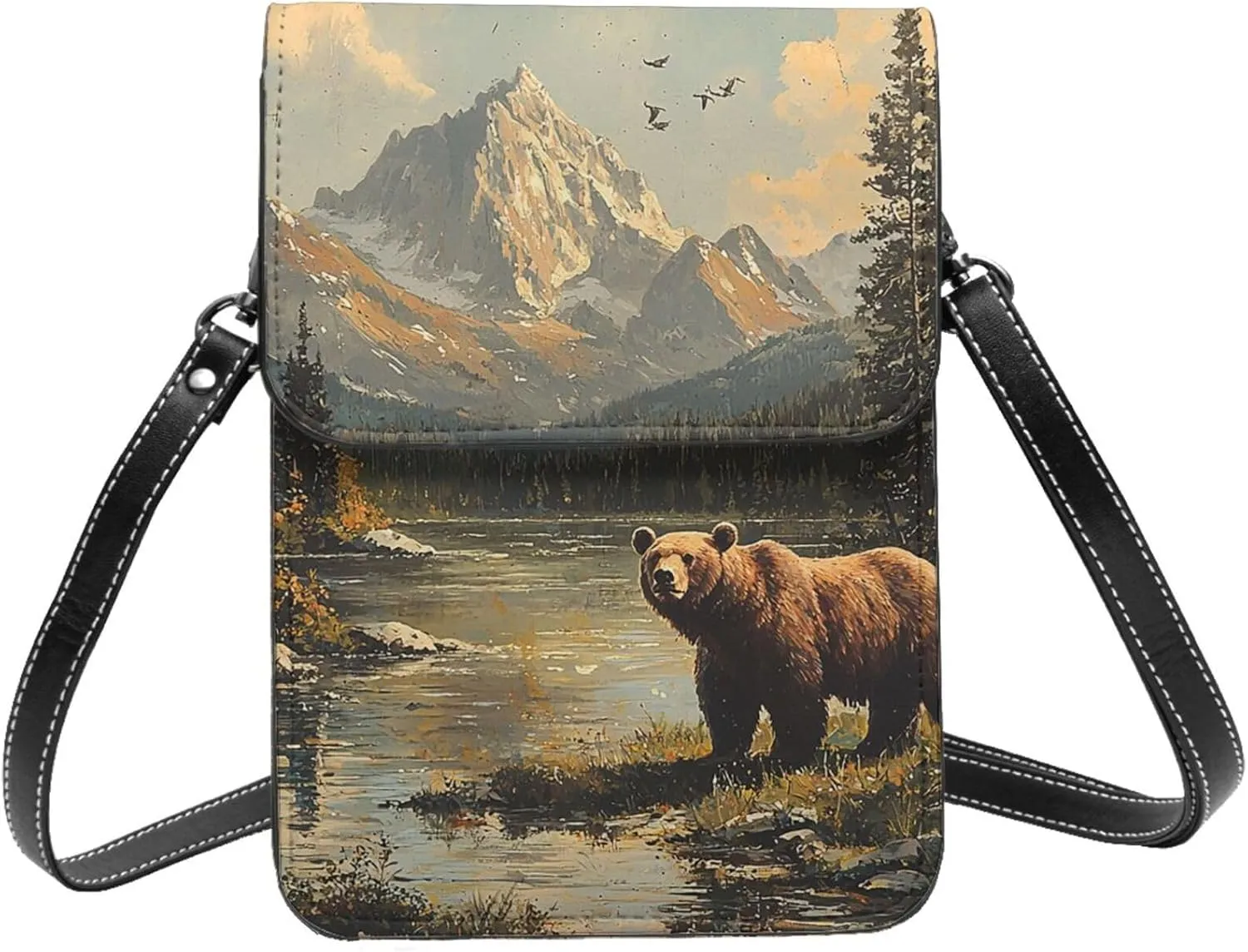 Women Leather Small Crossbody Bag Cell Phone Bag Wallet Purse Handbag, Bear Lodge Western Vintage