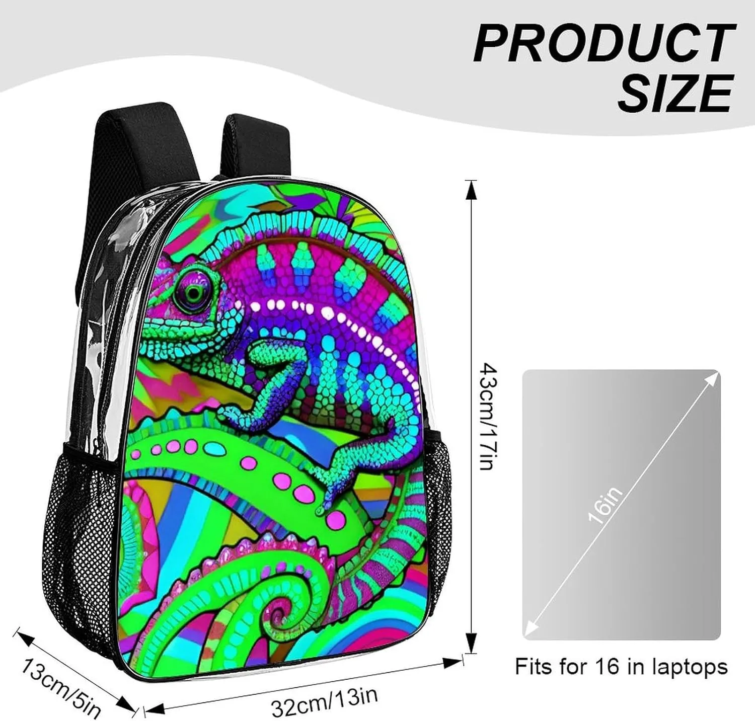Women Men Transparent Psychedelic Rainbow Chameleon Art Casual Daypack Large Capacity Bookbag With Side Pockets for Sports Picnic Walking Cycling