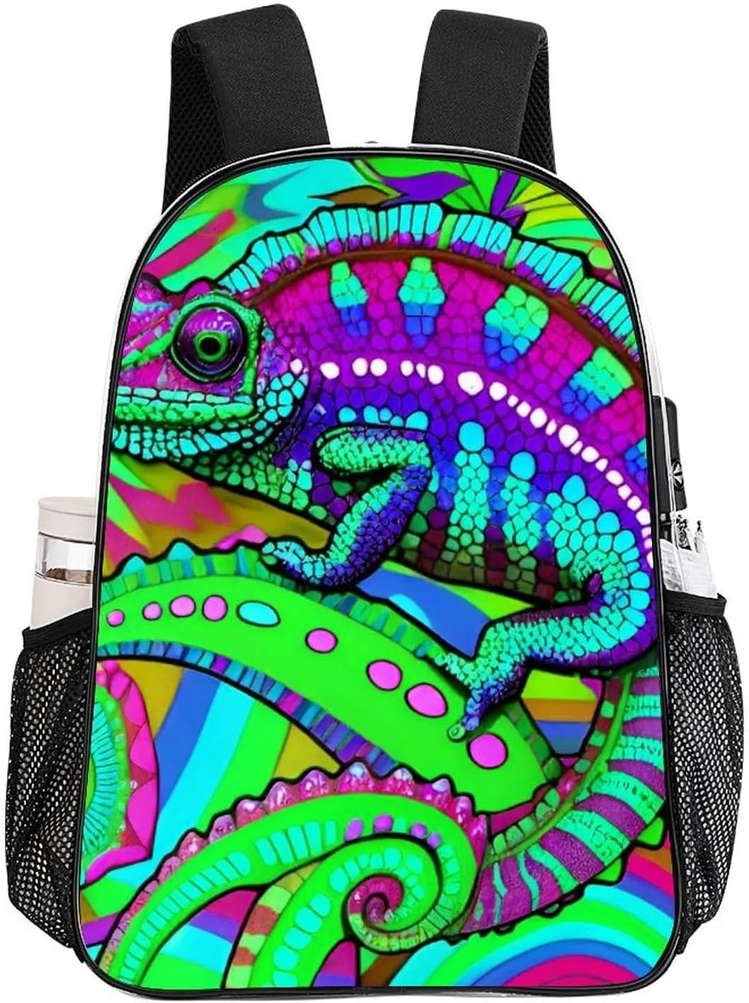 Women Men Transparent Psychedelic Rainbow Chameleon Art Casual Daypack Large Capacity Bookbag With Side Pockets for Sports Picnic Walking Cycling