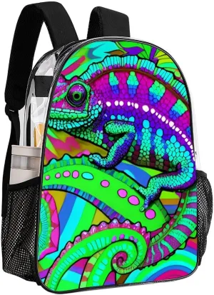 Women Men Transparent Psychedelic Rainbow Chameleon Art Casual Daypack Large Capacity Bookbag With Side Pockets for Sports Picnic Walking Cycling