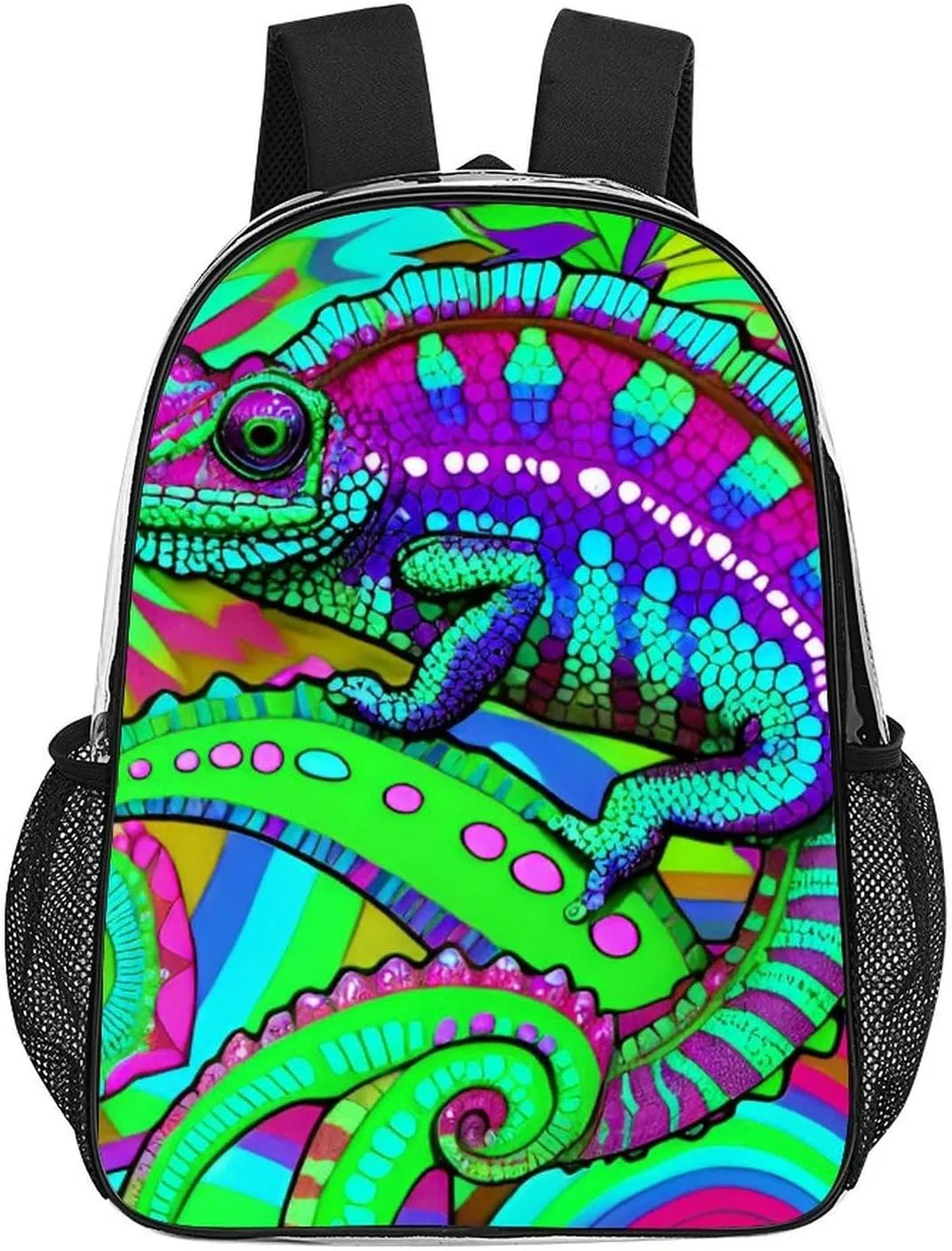 Women Men Transparent Psychedelic Rainbow Chameleon Art Casual Daypack Large Capacity Bookbag With Side Pockets for Sports Picnic Walking Cycling