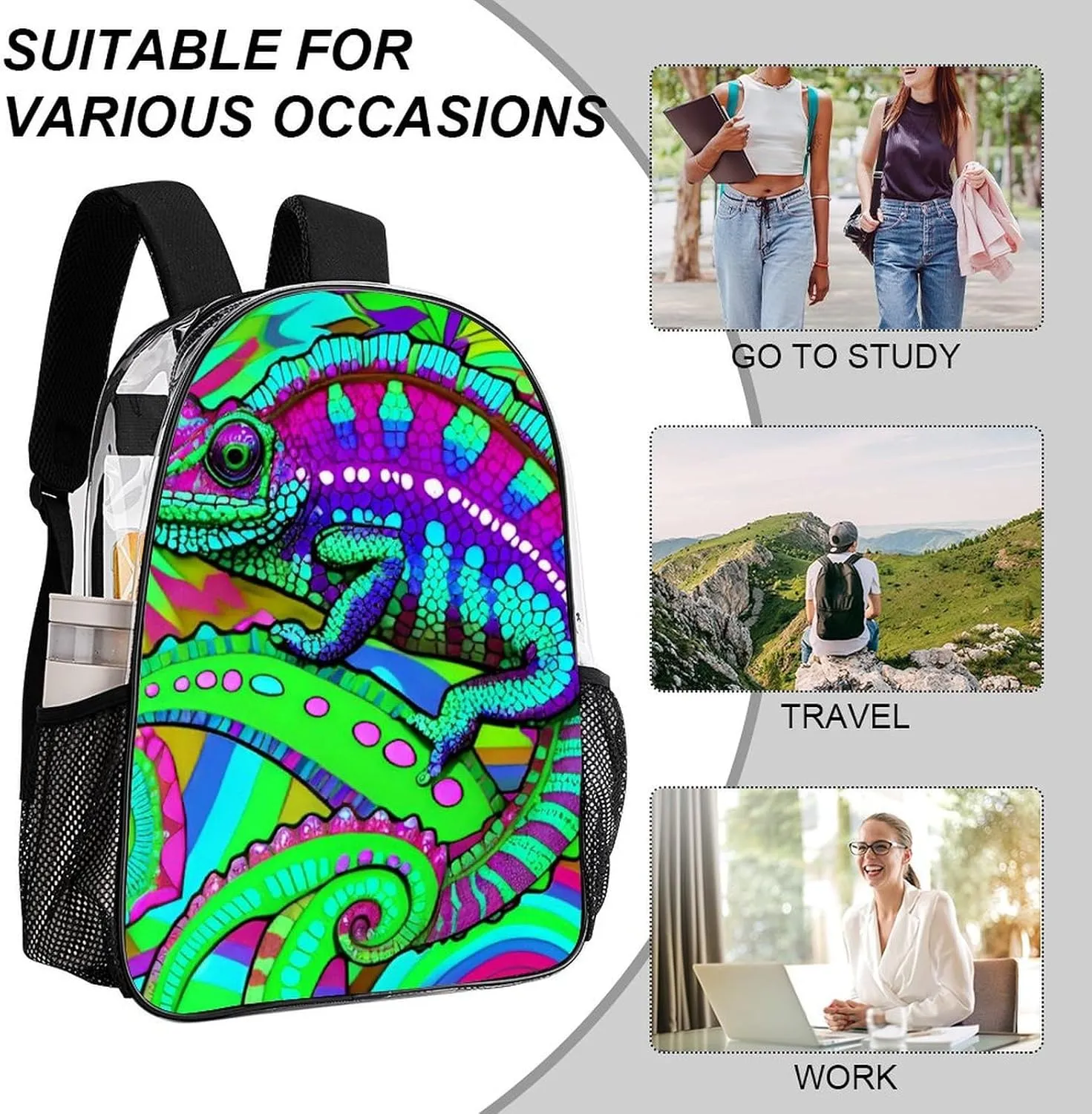 Women Men Transparent Psychedelic Rainbow Chameleon Art Casual Daypack Large Capacity Bookbag With Side Pockets for Sports Picnic Walking Cycling