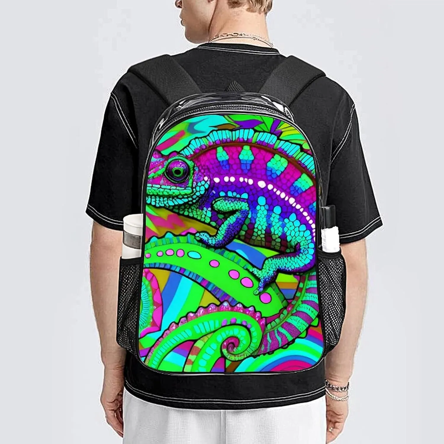 Women Men Transparent Psychedelic Rainbow Chameleon Art Casual Daypack Large Capacity Bookbag With Side Pockets for Sports Picnic Walking Cycling