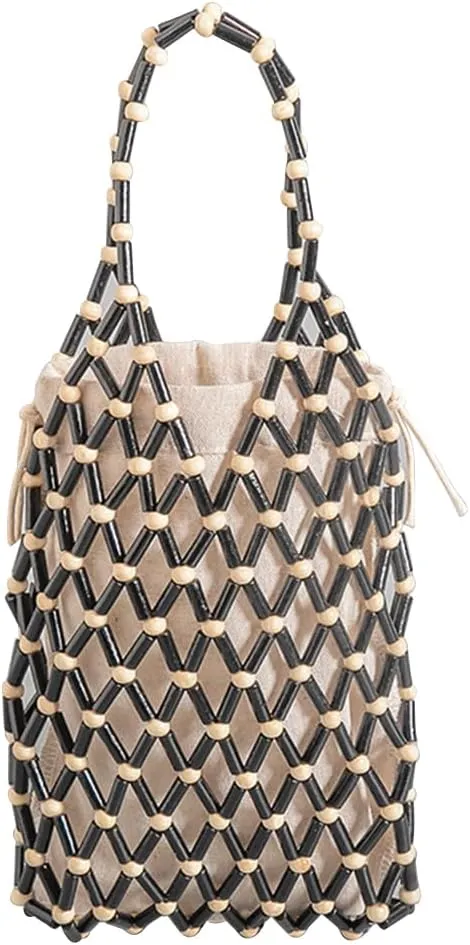 Women Mini Tote Bag Handmade Woven Bucket Bag Drawstring Handbag Summer Beach Bag Bohemian Clutch Bag Top-handle Bag
