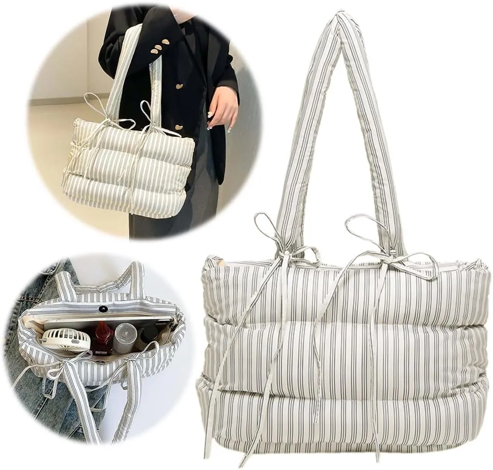 Women Puffer Tote Bag Striped Shoulder Bag Large Capacity Padded Shoulder Handbag Hasp Closure Fashion Tote Purse Ou